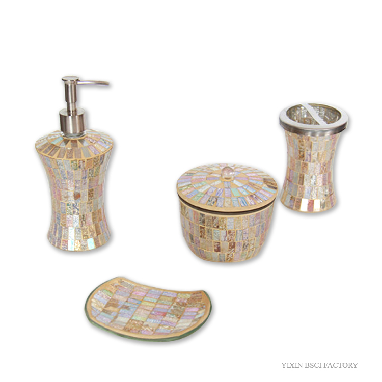 4 Piece Mosaic Shattered Glass Bathroom Accessories Set Wholesale