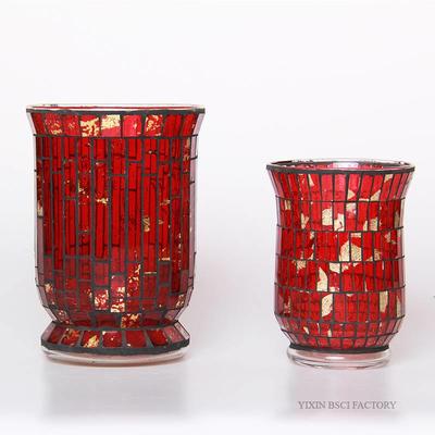 Mosaic Hurricane Lamp in Red Color with Gold Foil